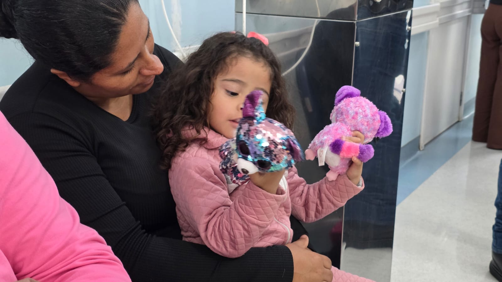 Menina no colo da mãe segura bichos de pelúcia recebidos na ação do Dia das Crianças