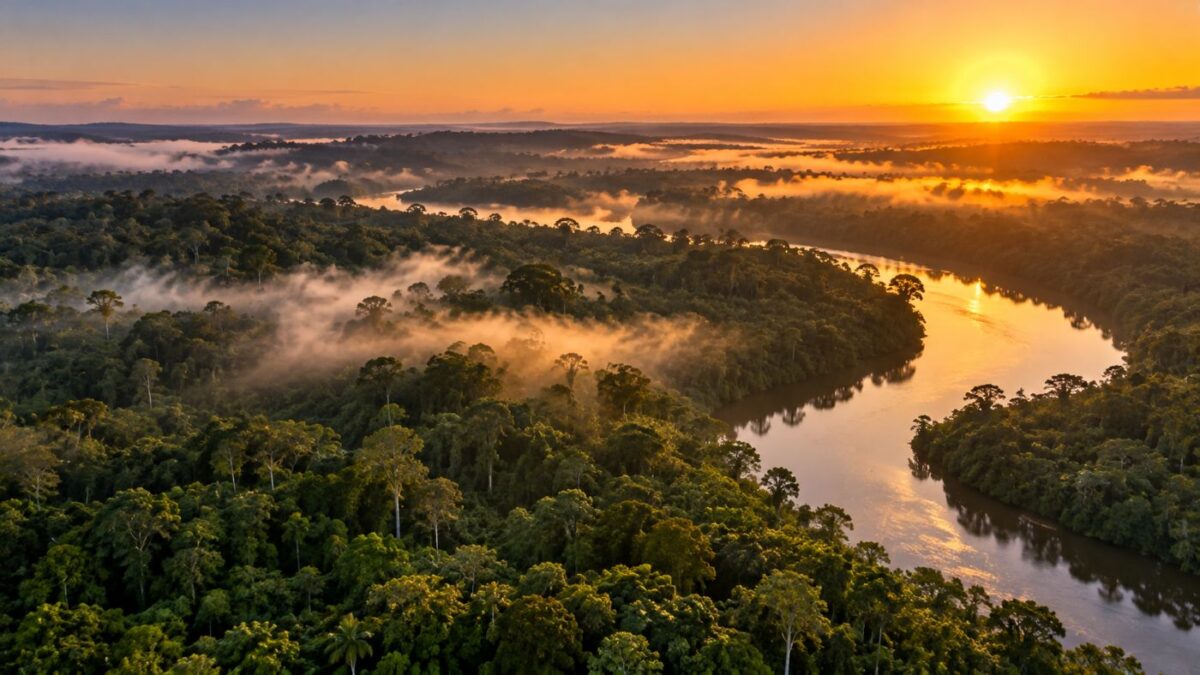 Floresta tropical ao amanhecer, vista aérea (imagem ilustrativa)