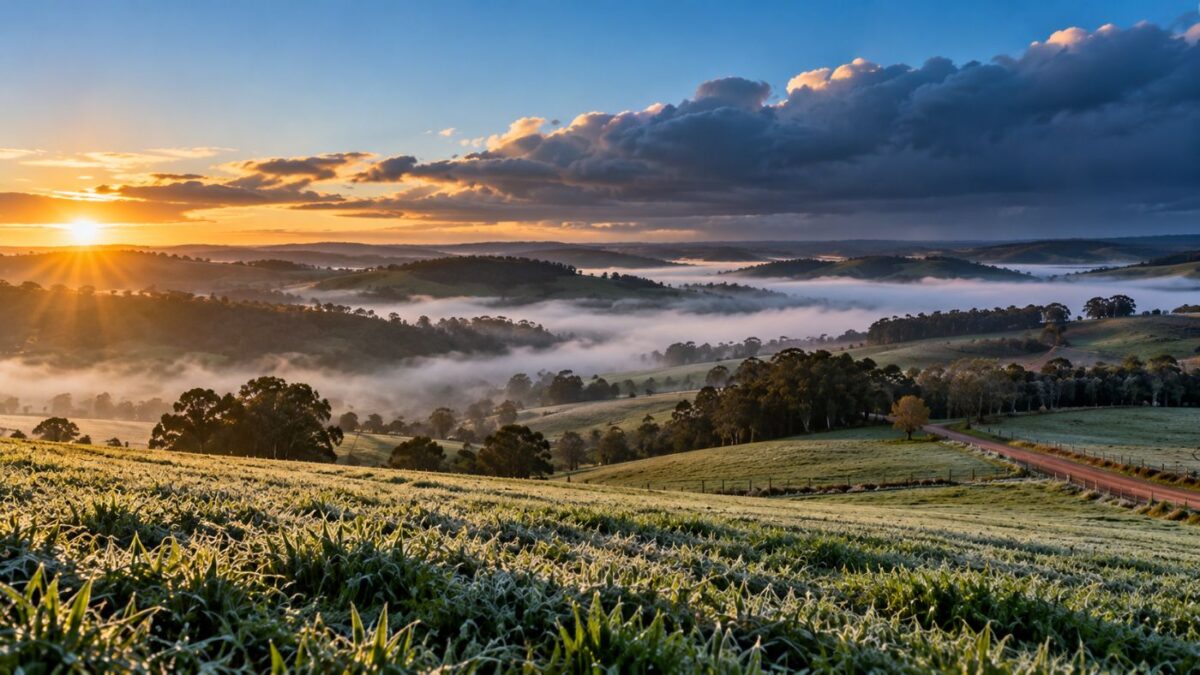 Paisagem rural do Oeste catarinense em manhã fria, com nuvens se aproximando (imagem ilustrativa)