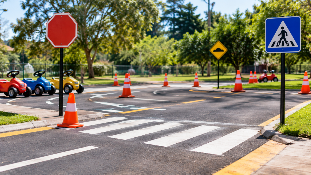 Pista de educação no trânsito com faixa de pedestres, placas de sinalização, cones e carrinhos infantis