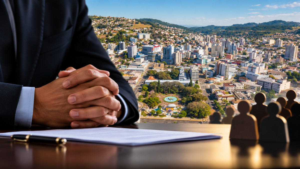Mãos de um empresário sobre uma mesa, com documento e caneta, diante de vista aérea de cidade de Santa Catarina