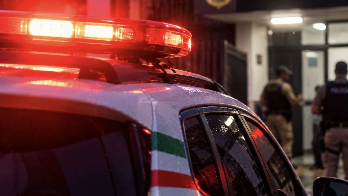 Viatura da polícia com sinalizador aceso e policiais ao fundo