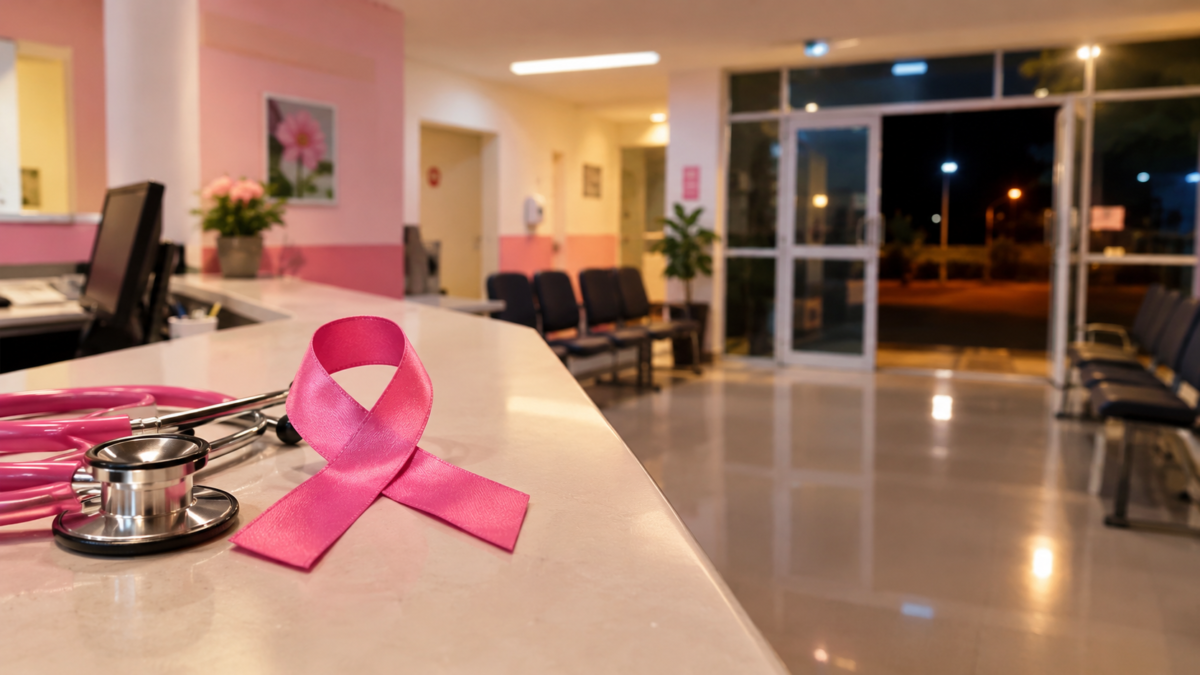 Laço rosa do Outubro Rosa e estetoscópio sobre o balcão de recepção de uma unidade de saúde à noite