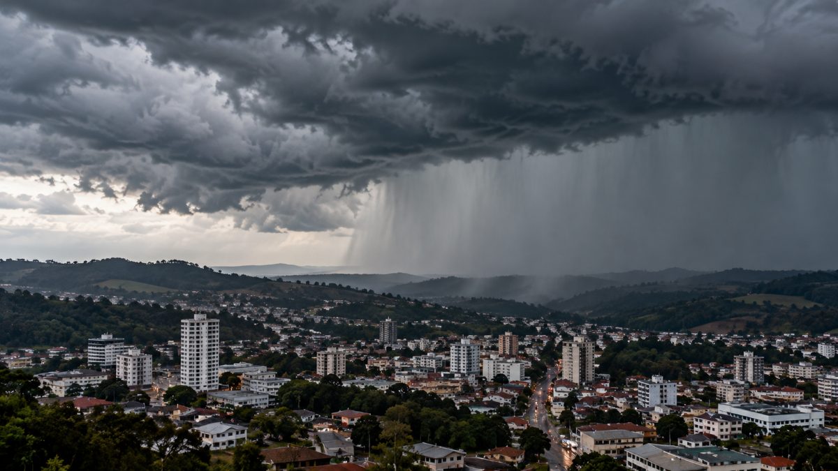Nuvens carregadas e chuva forte sobre uma cidade do Oeste catarinense